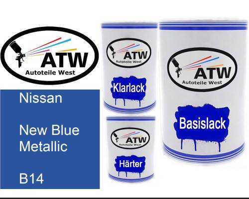 Nissan, New Blue Metallic, B14: 500ml Lackdose + 500ml Klarlack + 250ml Härter - Set, von ATW Autoteile West.